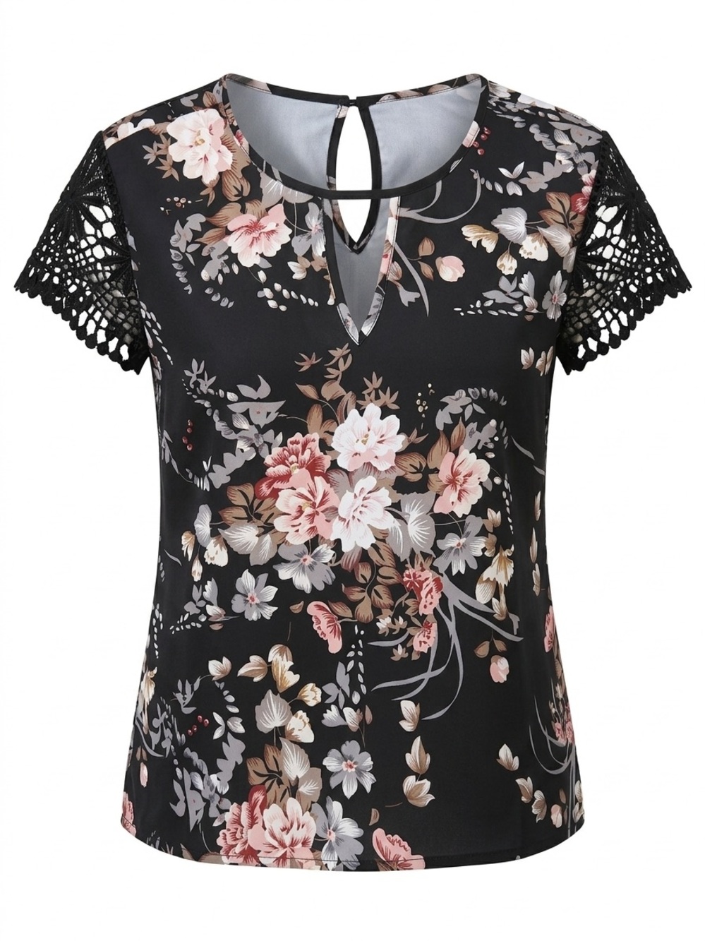SHEIN Black Floral Keyhole Crochet Sleeve Blouse